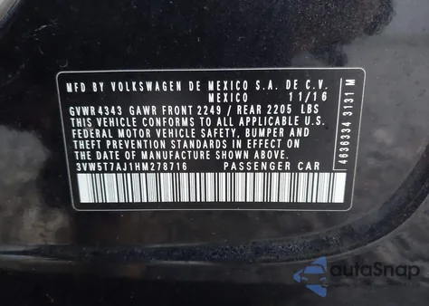 2017 Volkswagen Jetta Gli из США, поврежденный, VIN 3VW5T7AJ1HM278716